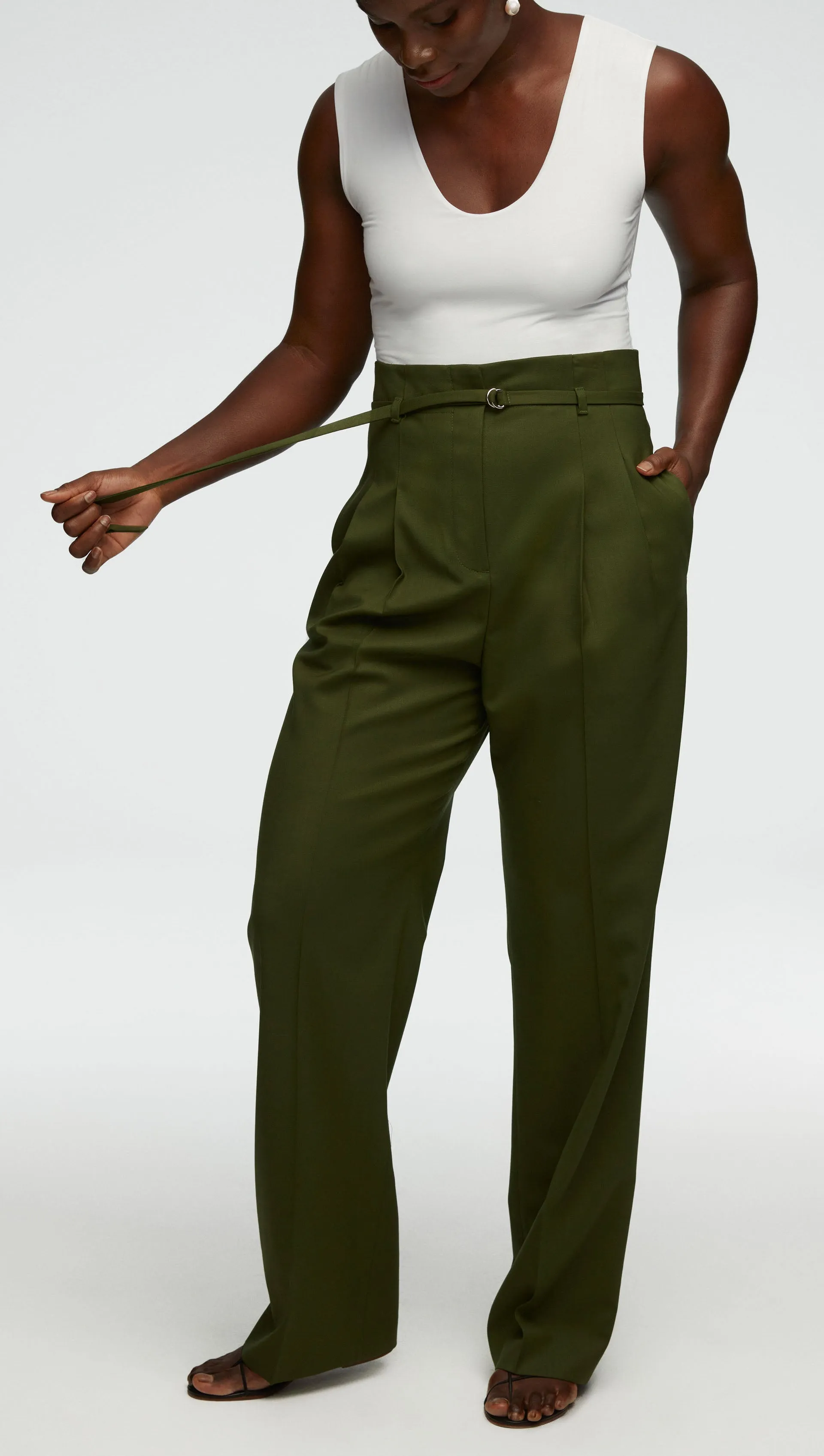 High-Waisted Belted Trouser in Seasonless Wool | Olive