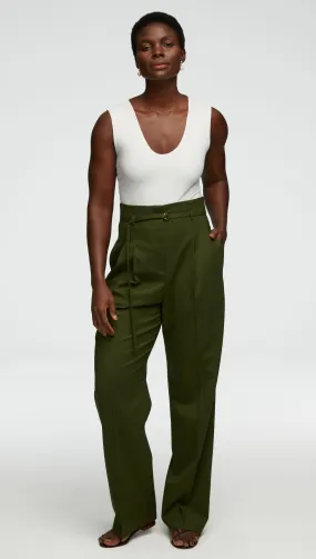 High-Waisted Belted Trouser in Seasonless Wool | Olive