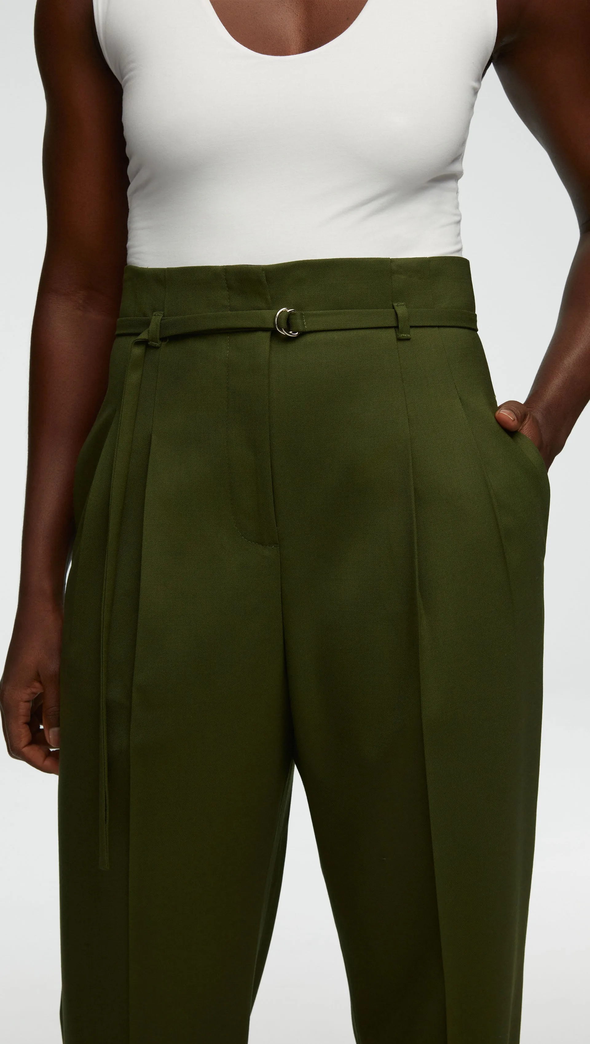 High-Waisted Belted Trouser in Seasonless Wool | Olive