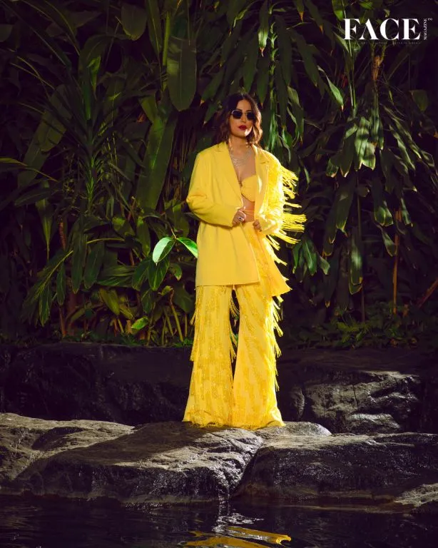 Hina Khan in our Lemon Yellow Oversized Blazer with Hand embroidered Tassels Fringes, Barlet and Pants from Magical Wilderness Collection