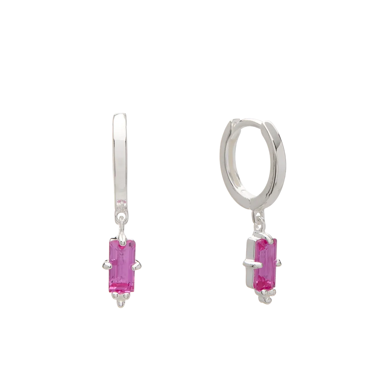 Huggie with Hanging Deep Pink Quartz Baguette | Sterling Silver