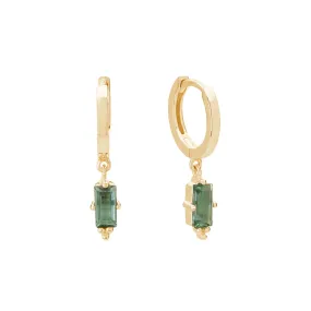 Huggie with Hanging Green Quartz Baguette | 18KT Yellow Gold Plate