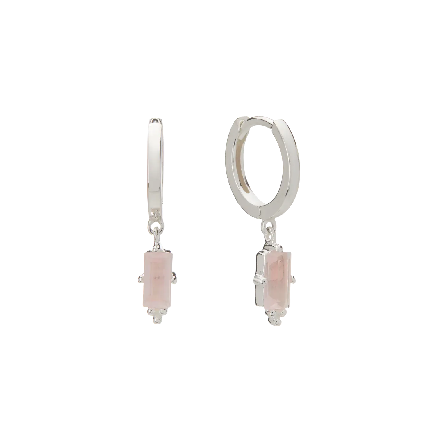 Huggie with Hanging Rose Quartz Baguette | Sterling Silver