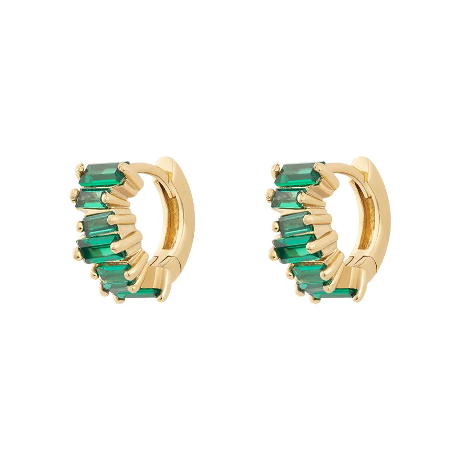 Jagged Baguette Emerald & Gold 8mm Baby Huggie Earrings