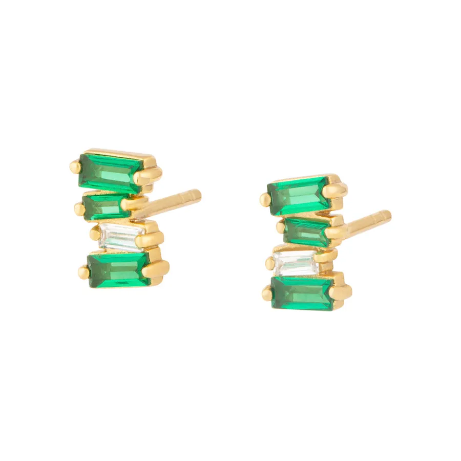 Jagged Baguette Emerald & Gold Stud Earrings