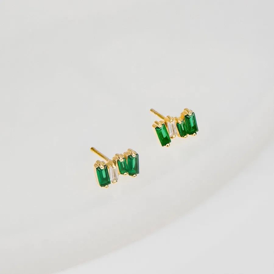 Jagged Baguette Emerald & Gold Stud Earrings