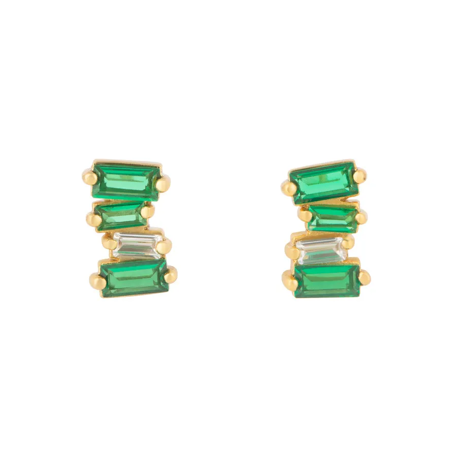 Jagged Baguette Emerald & Gold Stud Earrings