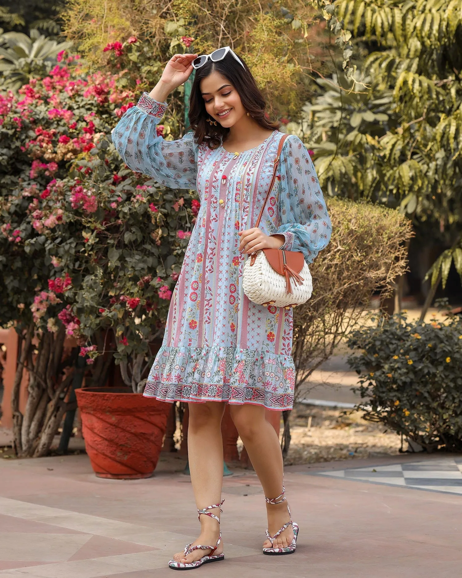 Jashvi  Blue Floral Printed Pure Cotton Short Dress With Sequence Work