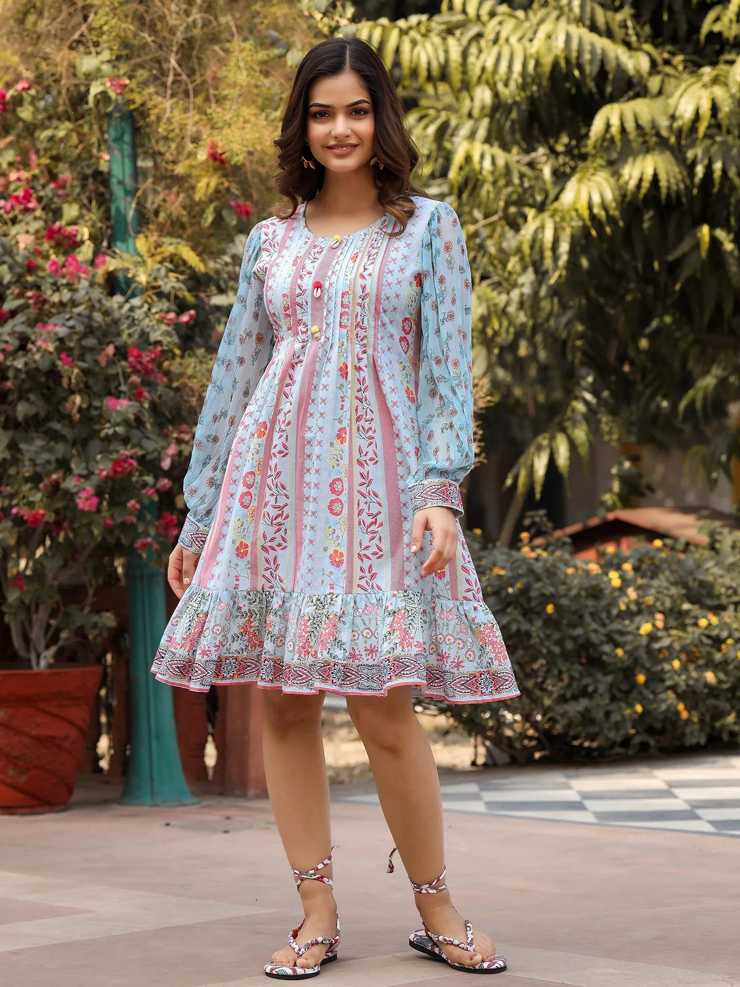 Jashvi  Blue Floral Printed Pure Cotton Short Dress With Sequence Work