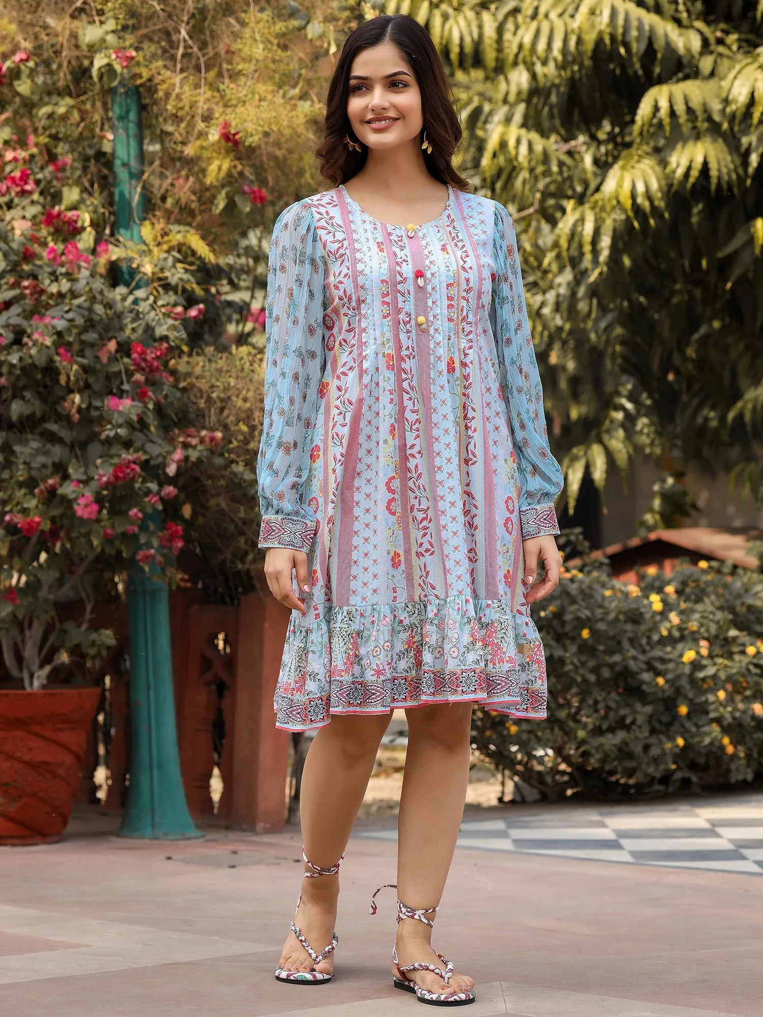 Jashvi  Blue Floral Printed Pure Cotton Short Dress With Sequence Work