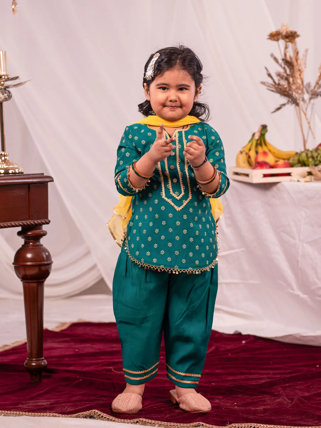 Jashvi Girls Green Kurta Salwar and Dupatta Set