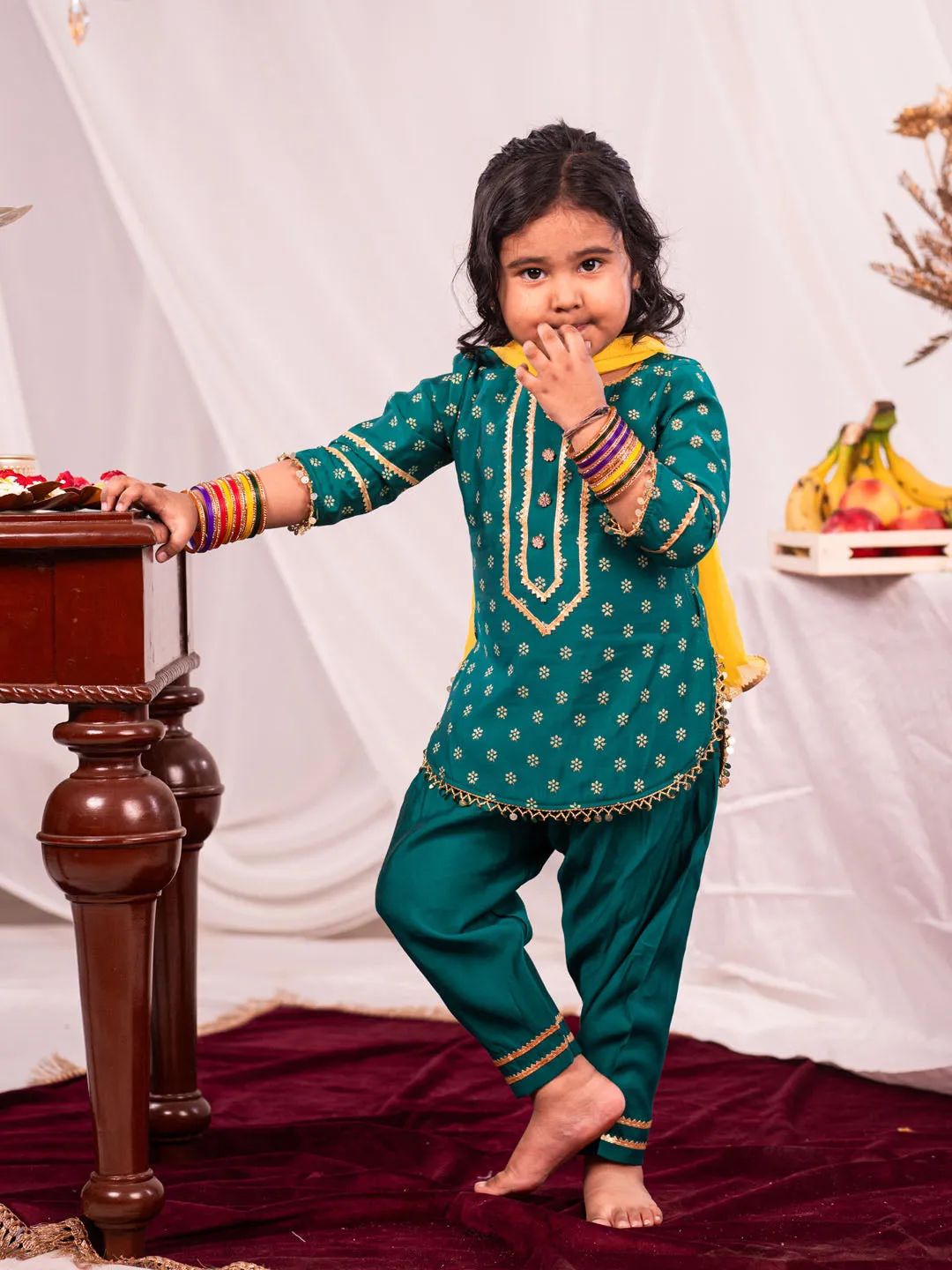 Jashvi Girls Green Kurta Salwar and Dupatta Set