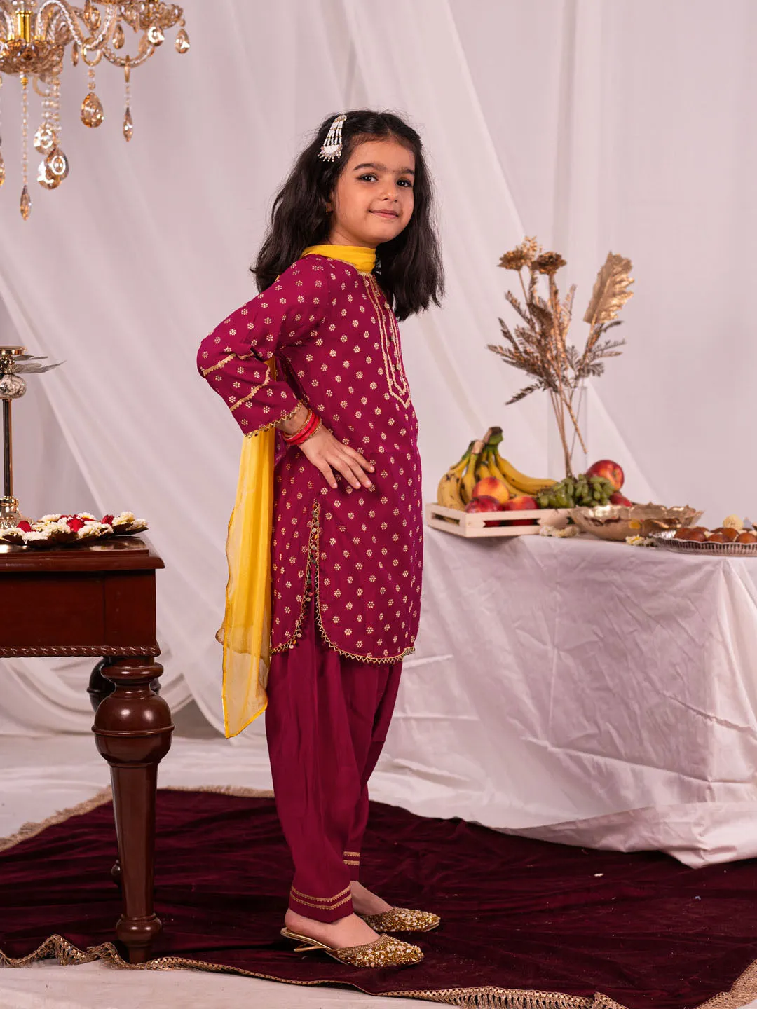 Jashvi Girls Pink Kurta Salwar and Dupatta Set