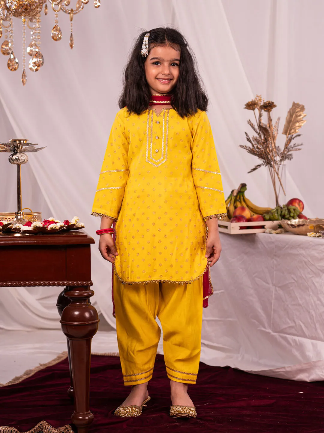 Jashvi Girls Yellow Kurta Salwar and Dupatta Set