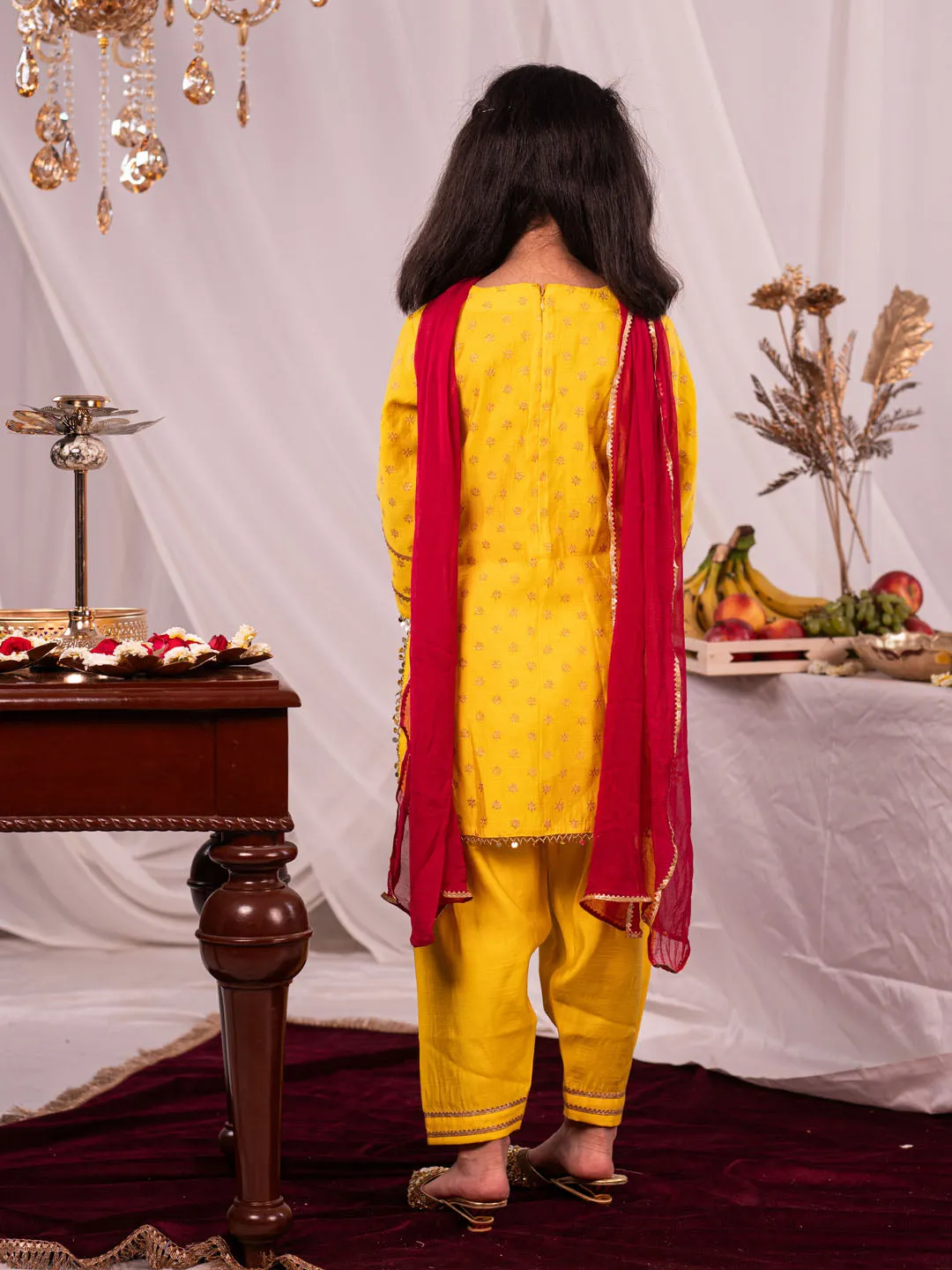 Jashvi Girls Yellow Kurta Salwar and Dupatta Set