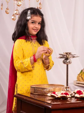 Jashvi Girls Yellow Kurta Salwar and Dupatta Set