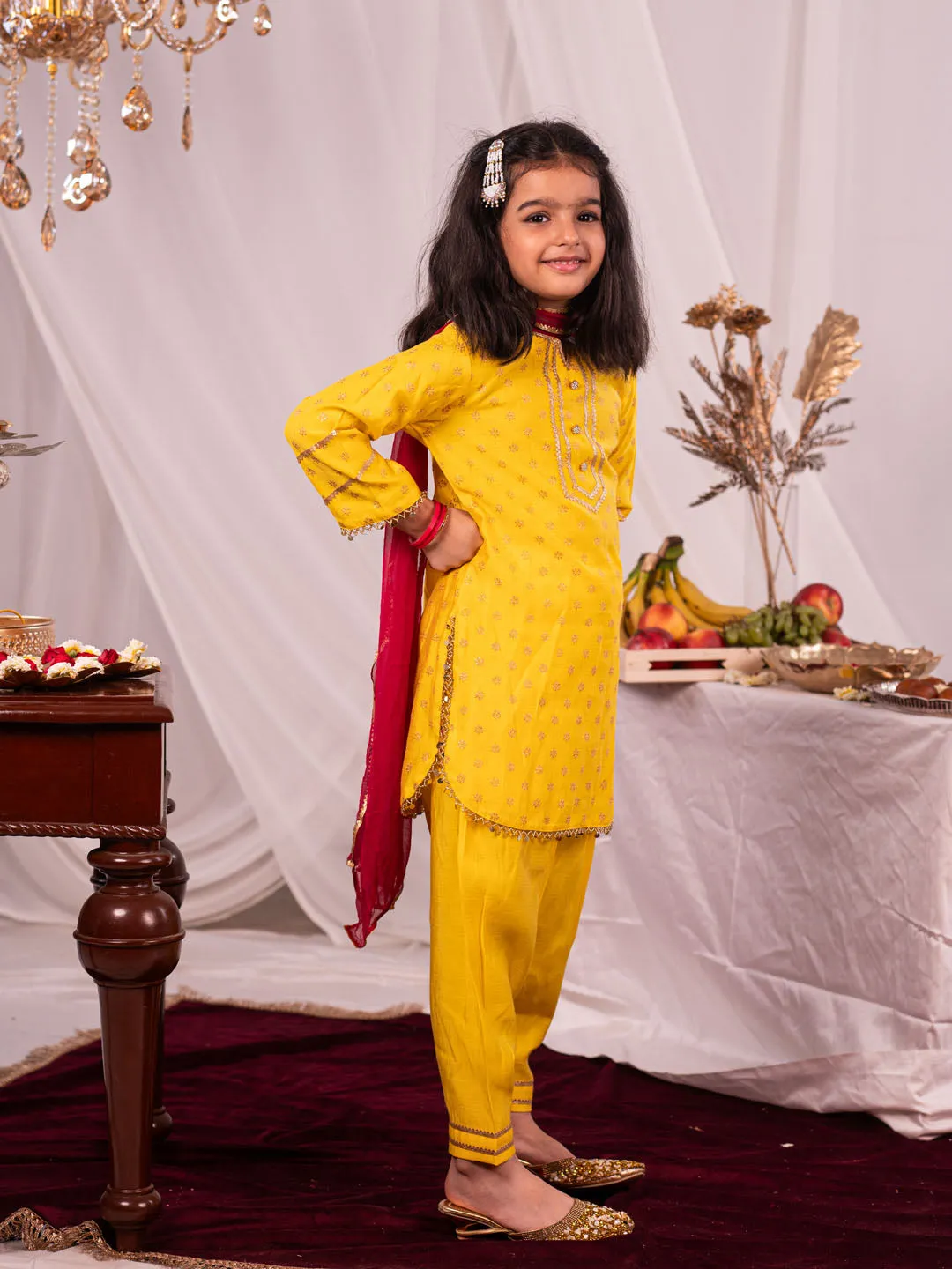 Jashvi Girls Yellow Kurta Salwar and Dupatta Set