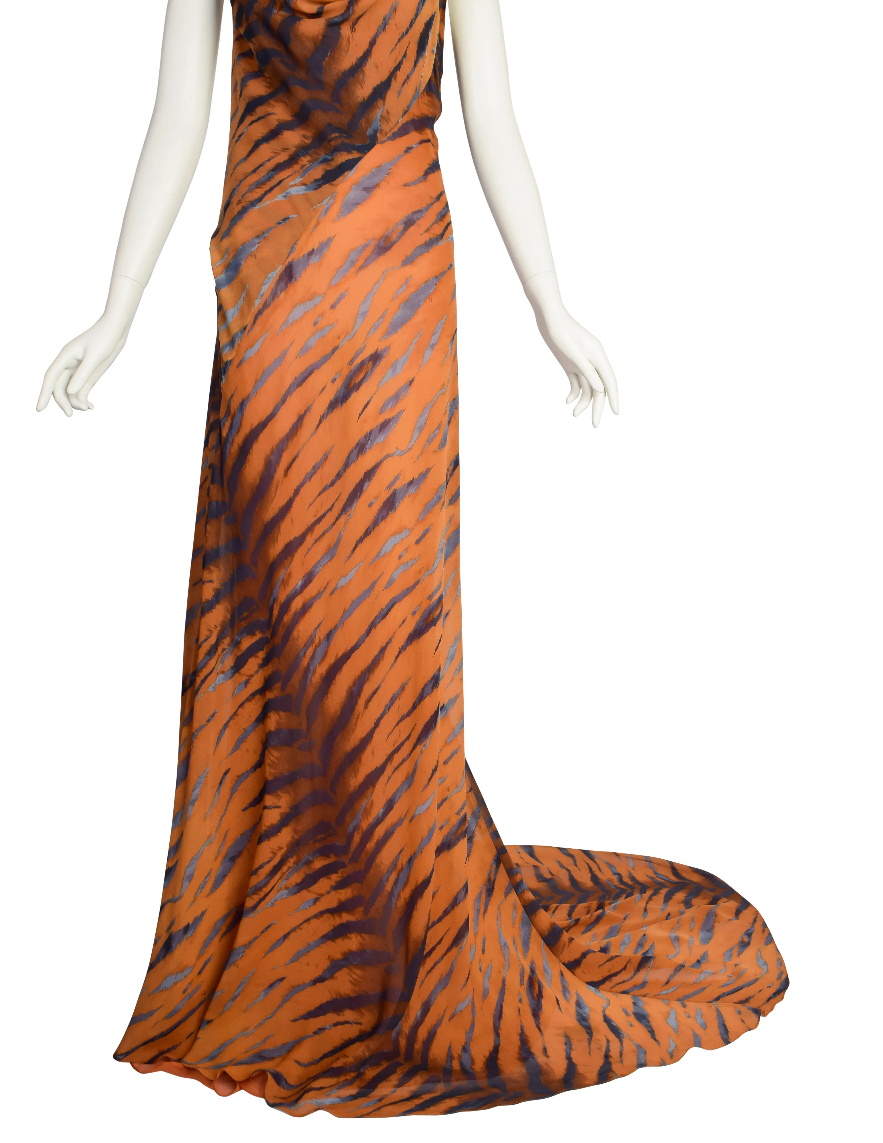 Krizia Vintage Archival Orange Blue Black Tiger Print Bias Cut Silk Chiffon Gown with Dramatic Train