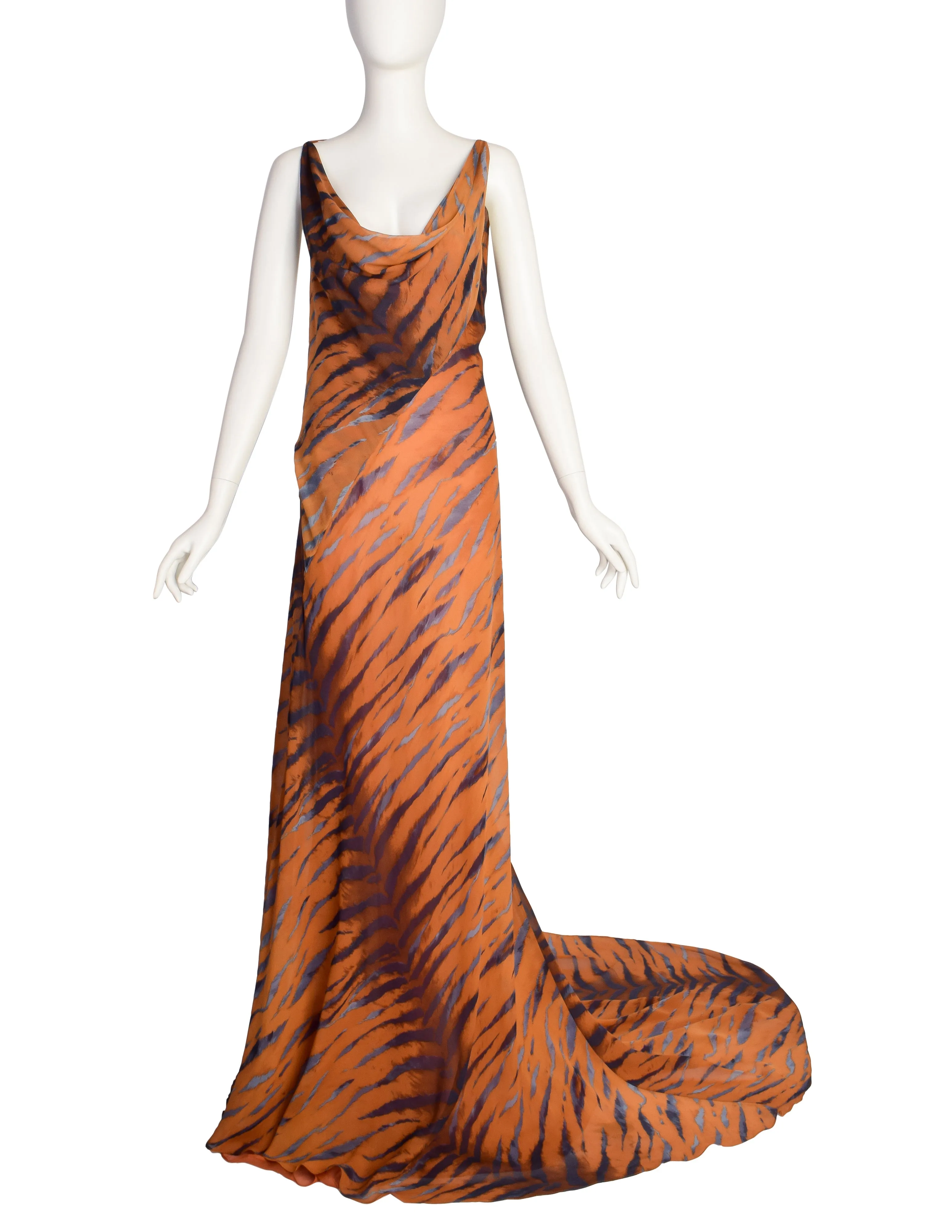 Krizia Vintage Archival Orange Blue Black Tiger Print Bias Cut Silk Chiffon Gown with Dramatic Train