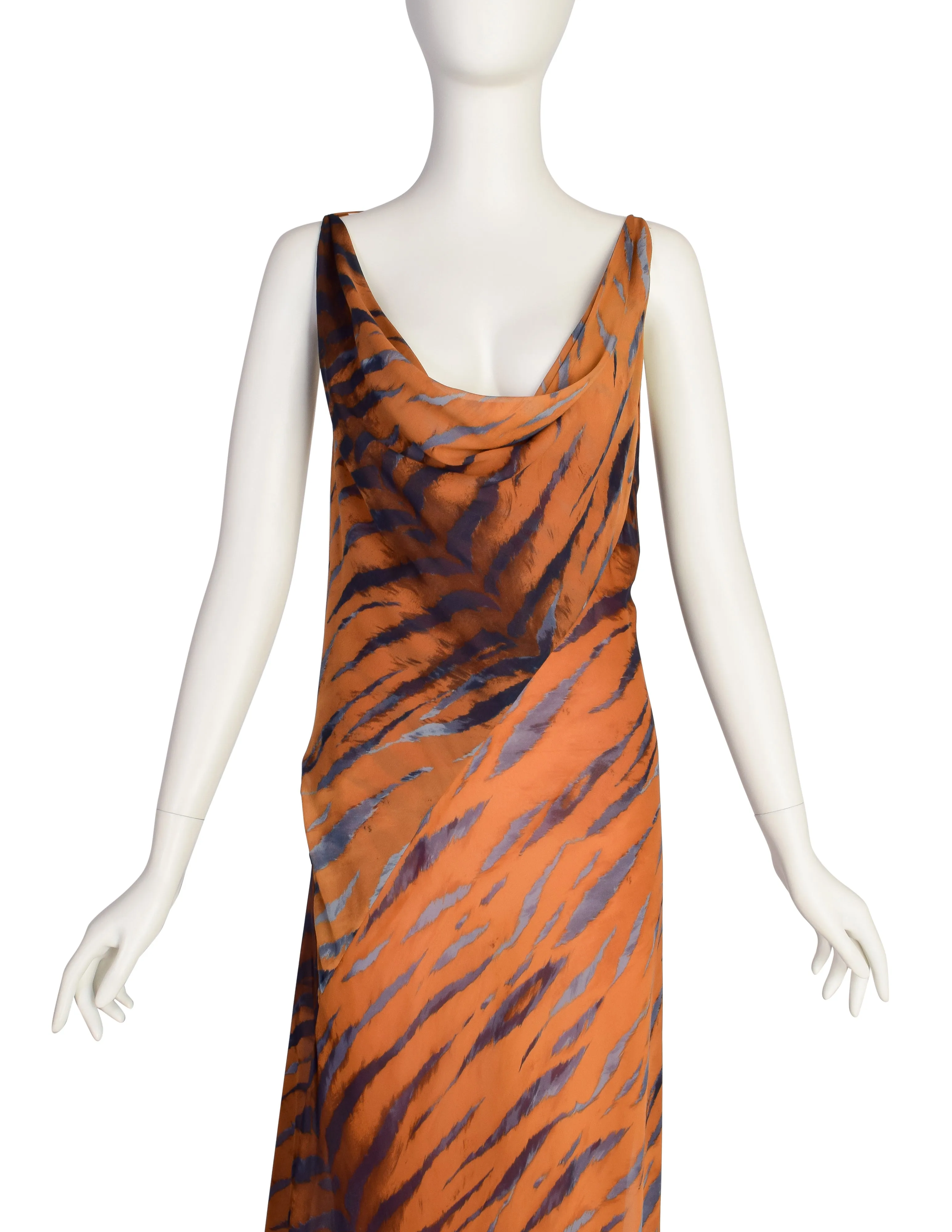 Krizia Vintage Archival Orange Blue Black Tiger Print Bias Cut Silk Chiffon Gown with Dramatic Train