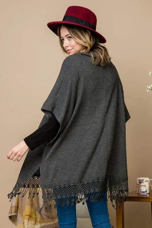 Lace Fringe Poncho Style Top - Charcoal