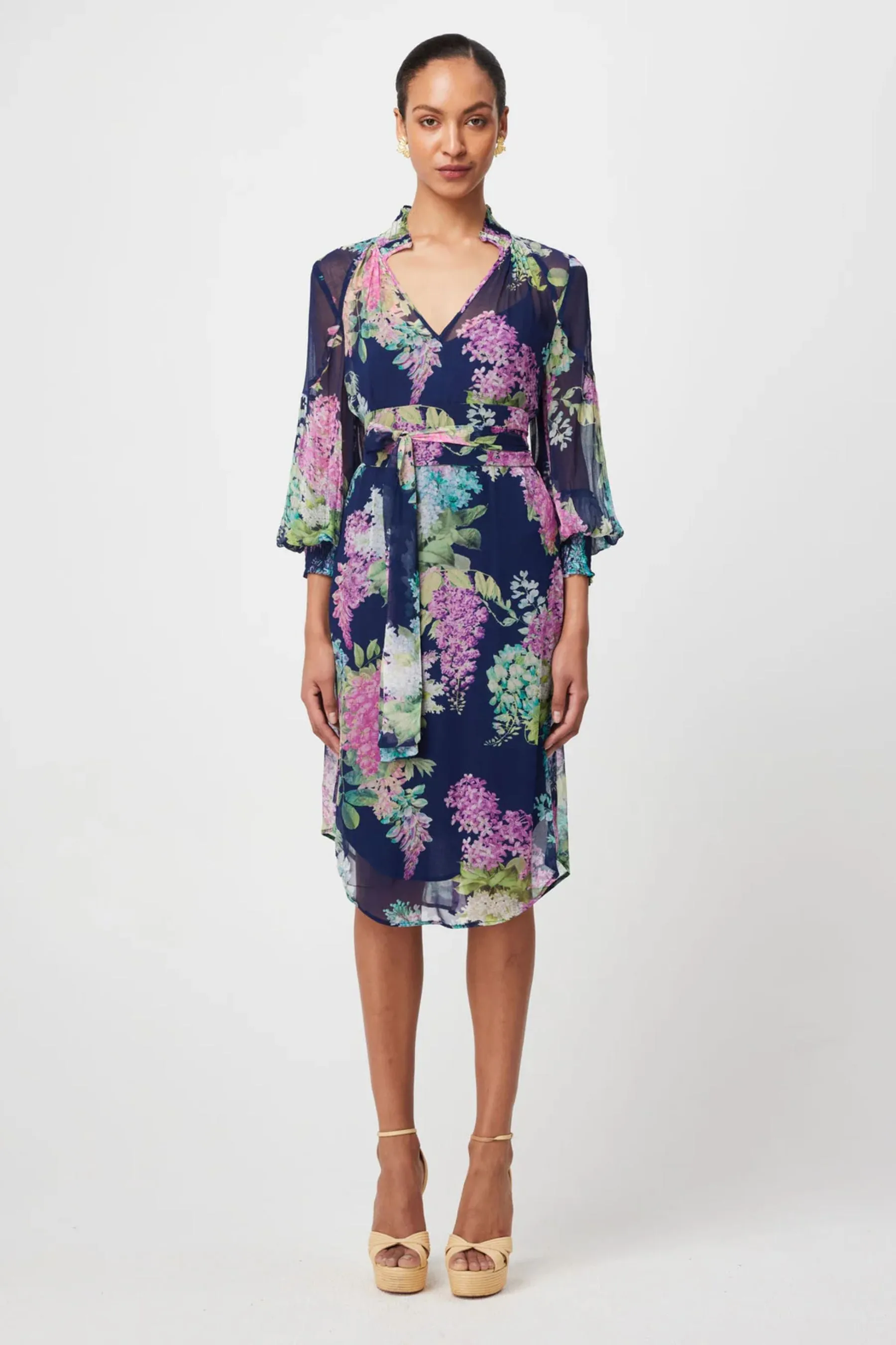 Lane Shirred Collar & Cuff Dress | Navy Wisteria