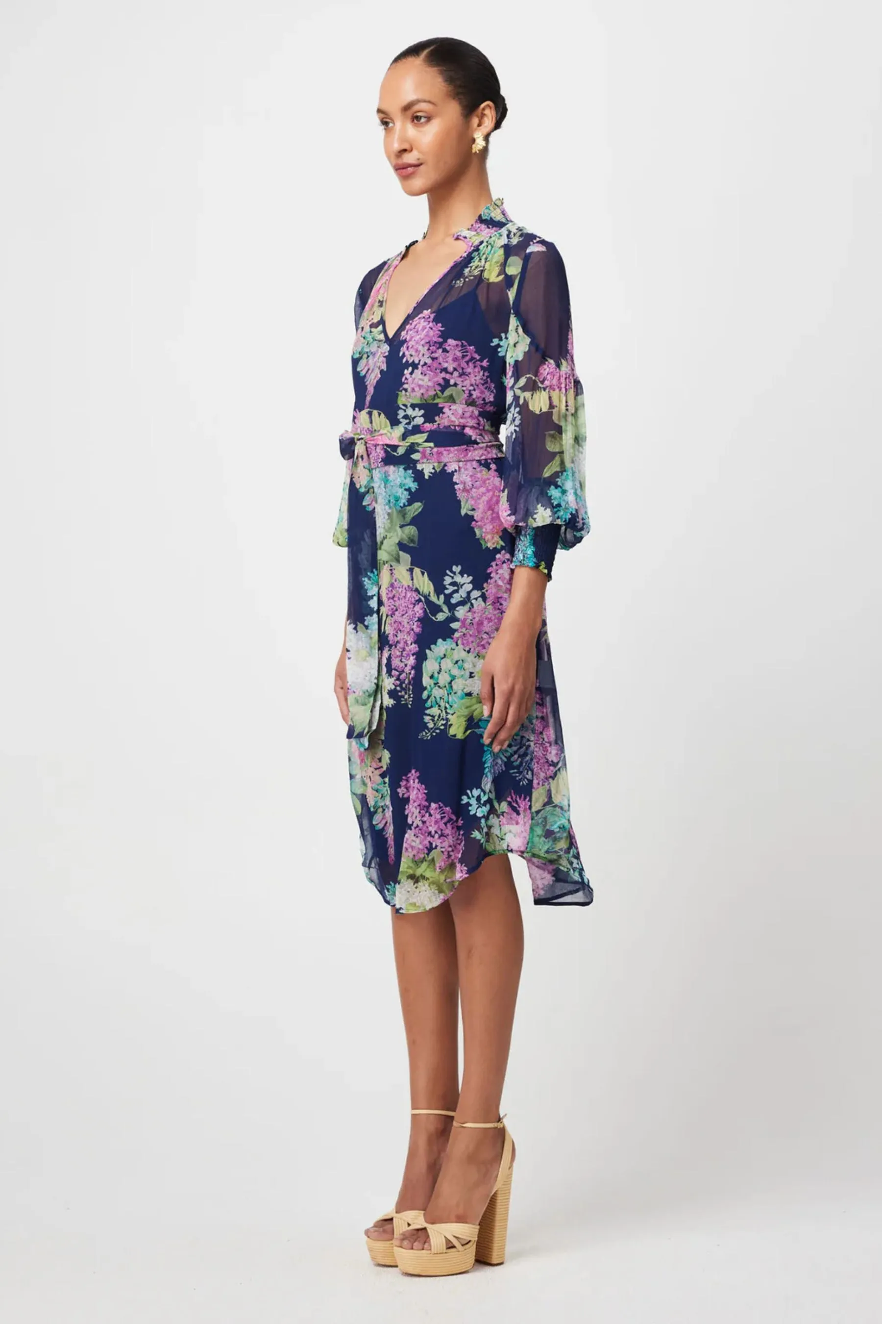 Lane Shirred Collar & Cuff Dress | Navy Wisteria