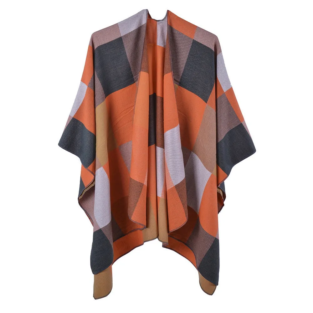 Large Plaid Shawl Women's Autumn and Winter Multi functional Double Sided Cashmere Split Scarf Cape