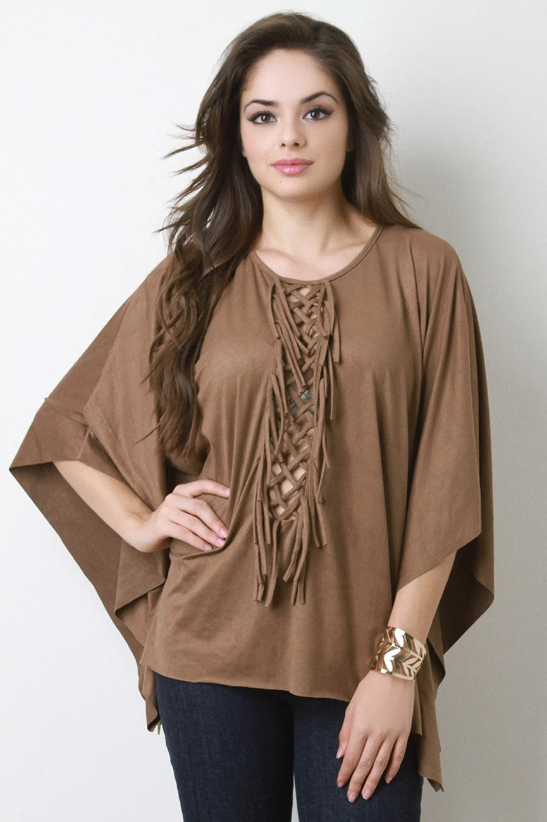 Lattice Panel Faux Suede Poncho Top