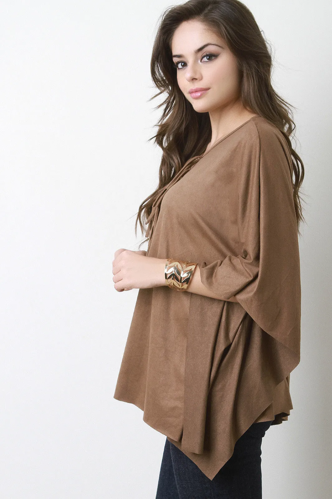 Lattice Panel Faux Suede Poncho Top