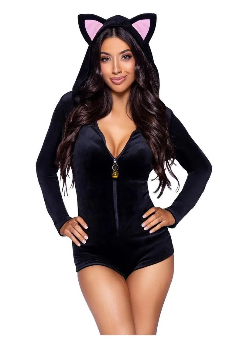 Leg Avenue Comfy Cat Ultra-Soft Velvet Plush Zip Up Romper with Bell Zipper Pull, Ear Hood, and Kitty Tail