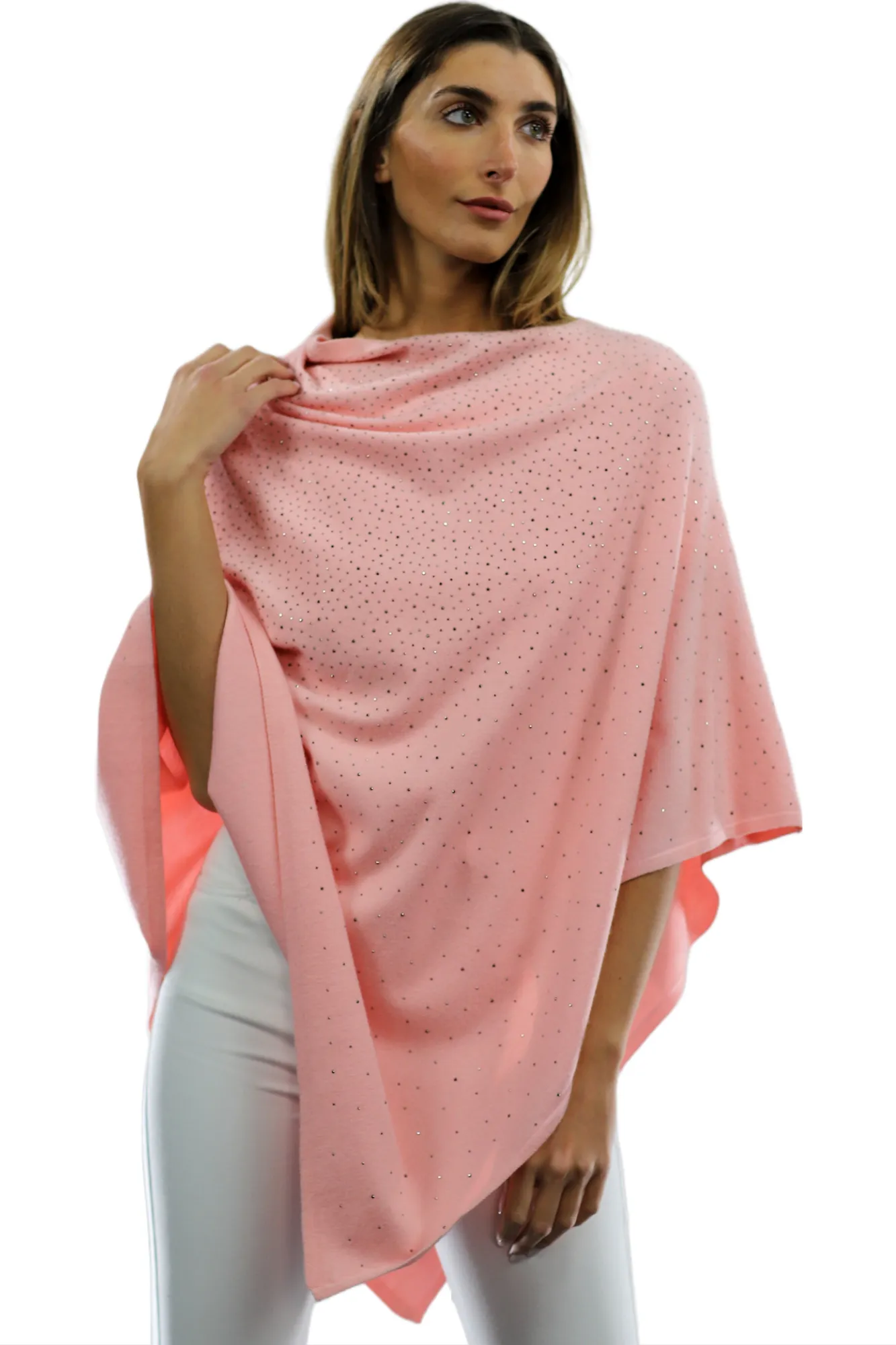 Light Weight Poncho with Embellishments - Pink