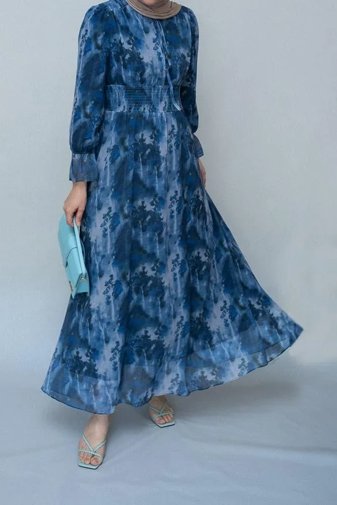 Lilymay maxi dress with shirred waist and ruched maxi sleeve in ocean blue