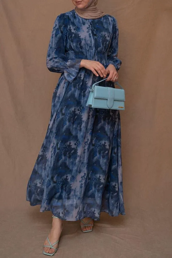 Lilymay maxi dress with shirred waist and ruched maxi sleeve in ocean blue