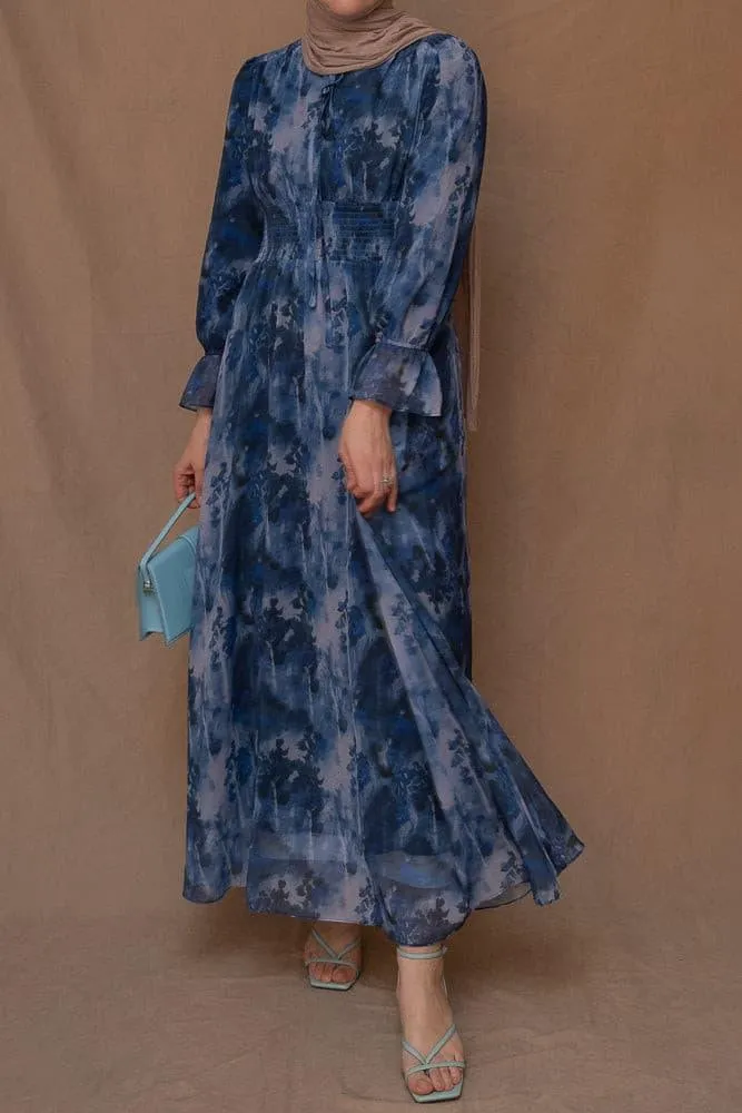 Lilymay maxi dress with shirred waist and ruched maxi sleeve in ocean blue