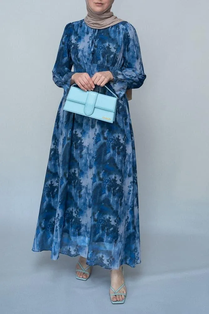 Lilymay maxi dress with shirred waist and ruched maxi sleeve in ocean blue