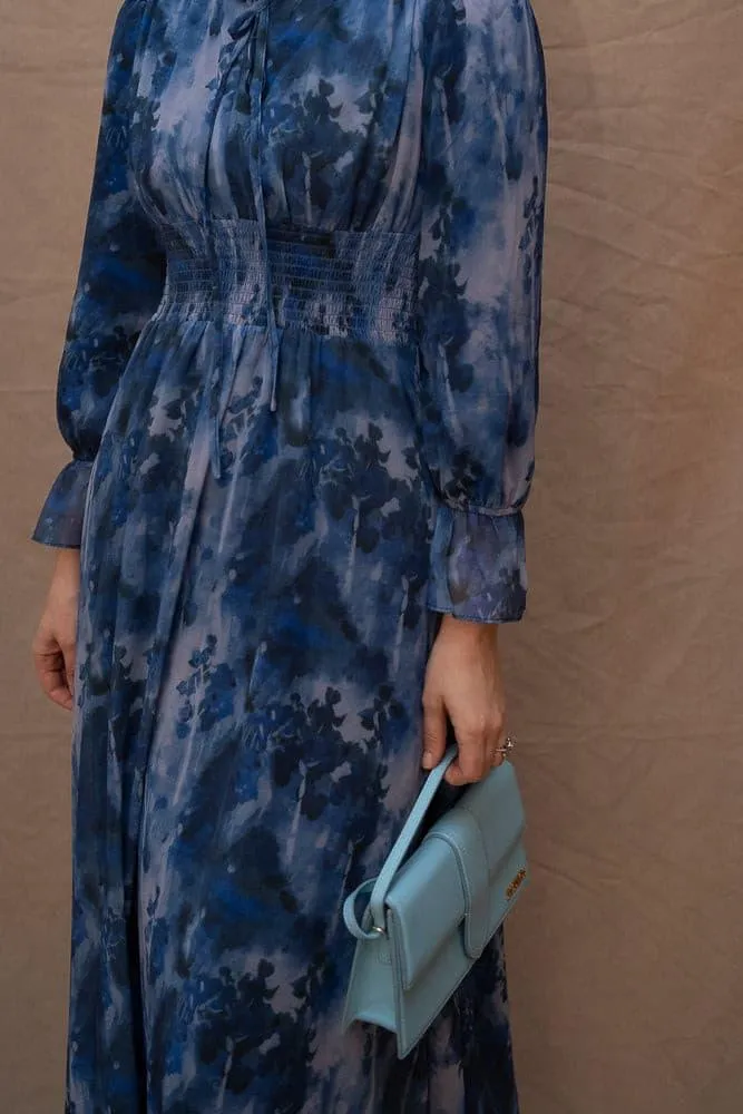 Lilymay maxi dress with shirred waist and ruched maxi sleeve in ocean blue