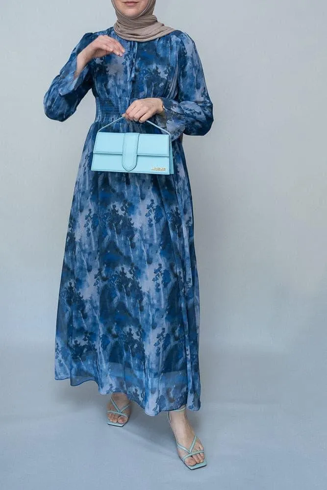 Lilymay maxi dress with shirred waist and ruched maxi sleeve in ocean blue