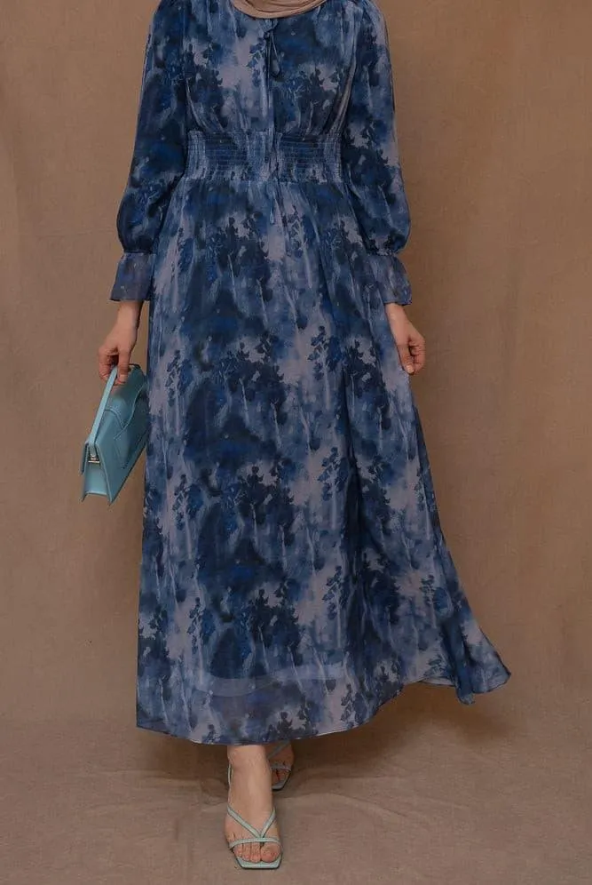 Lilymay maxi dress with shirred waist and ruched maxi sleeve in ocean blue