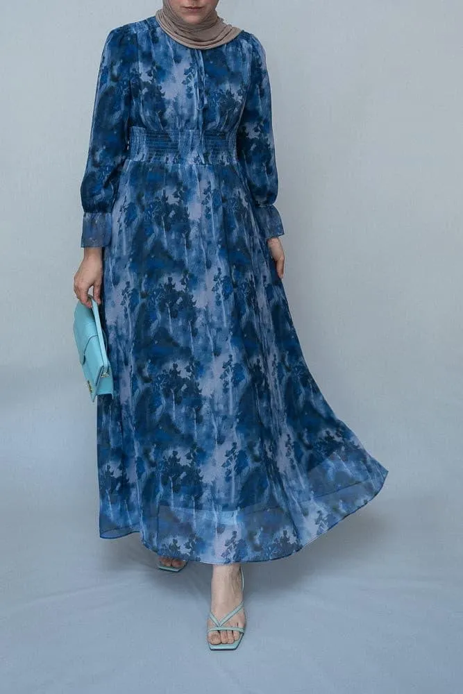 Lilymay maxi dress with shirred waist and ruched maxi sleeve in ocean blue