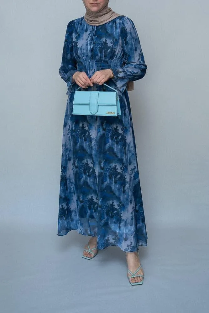 Lilymay maxi dress with shirred waist and ruched maxi sleeve in ocean blue