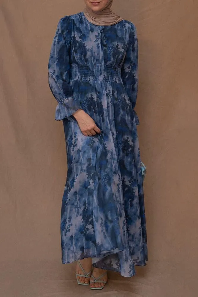 Lilymay maxi dress with shirred waist and ruched maxi sleeve in ocean blue