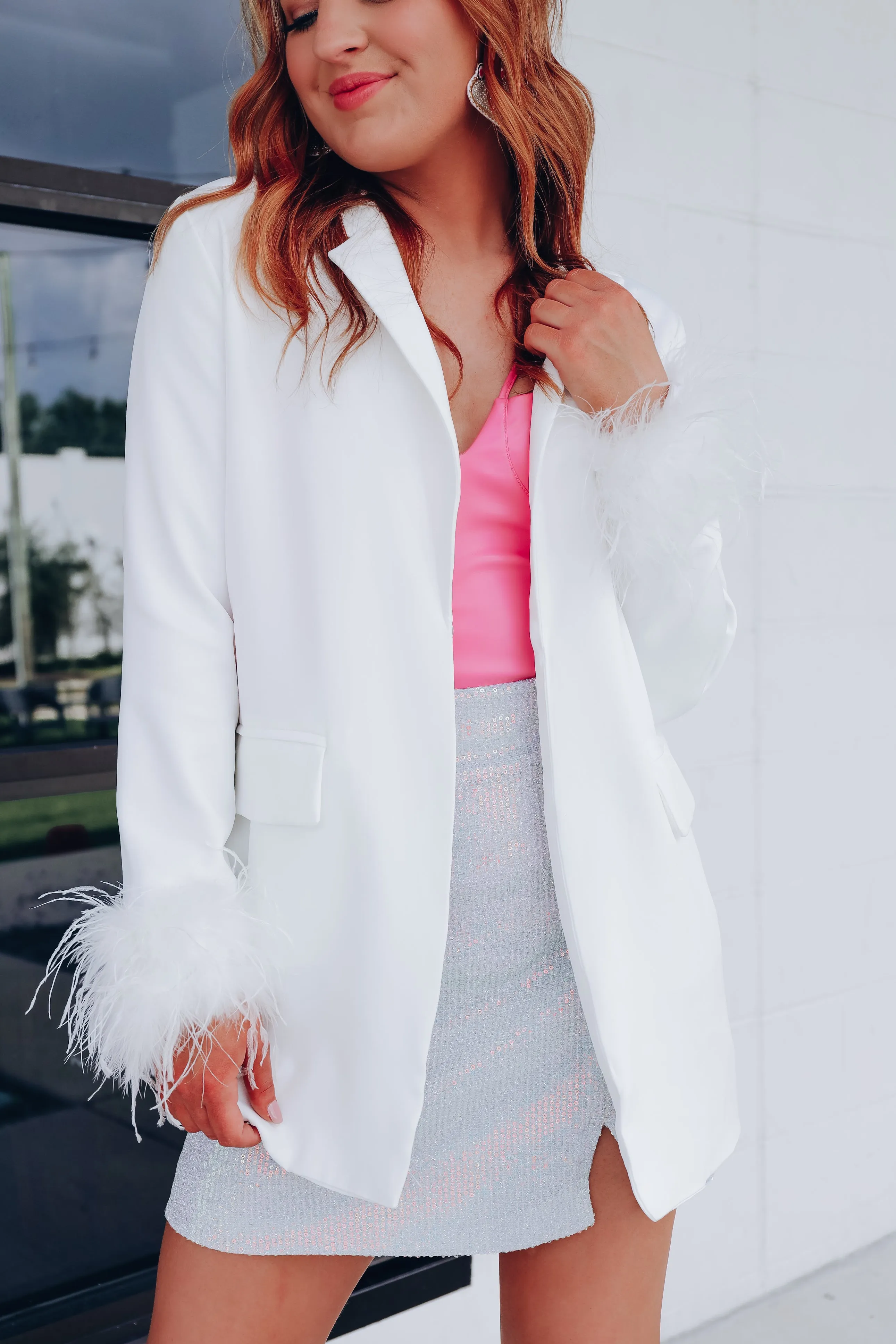 Manette Fluffy Feather Cuff Blazer - White