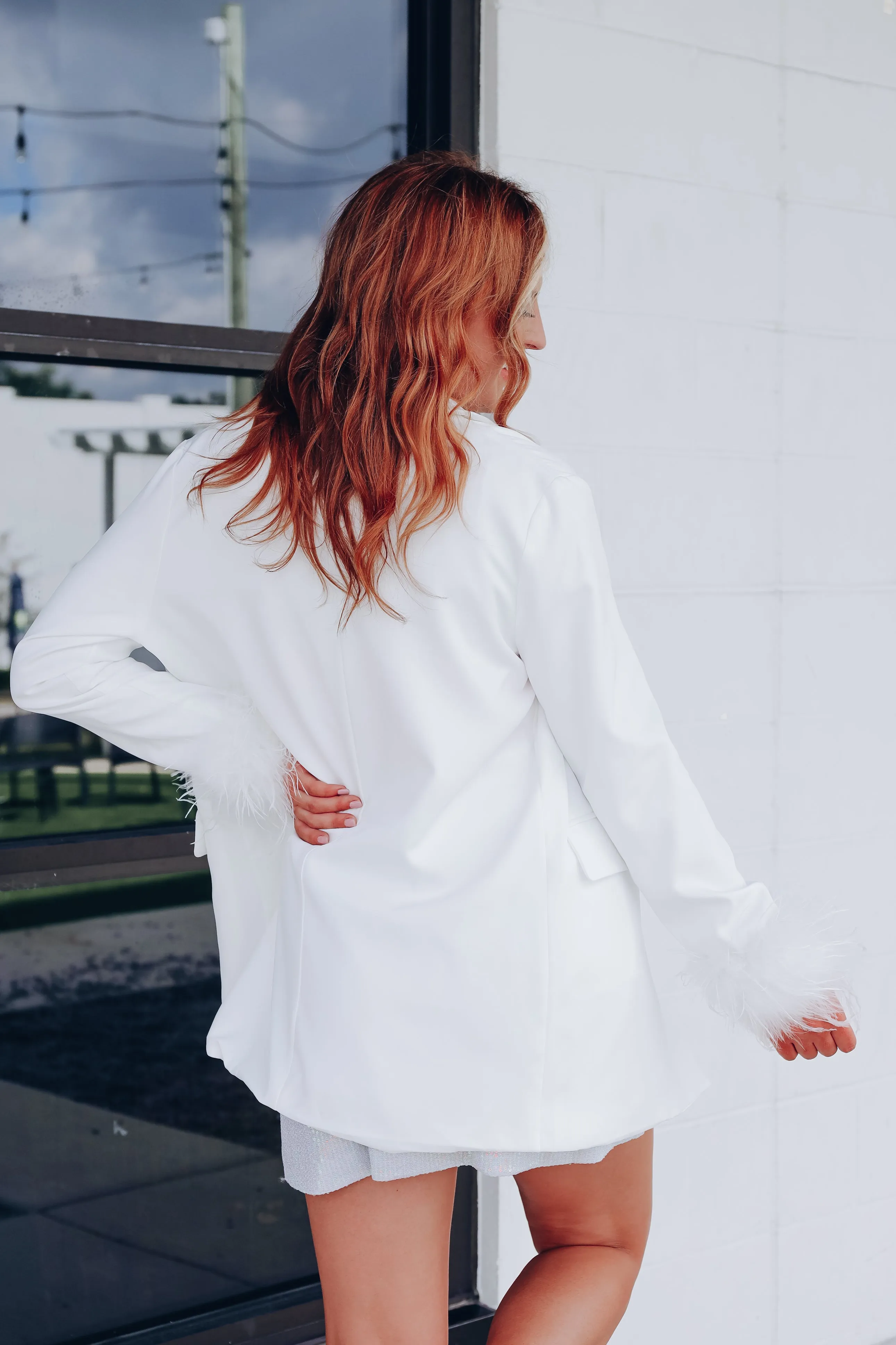 Manette Fluffy Feather Cuff Blazer - White