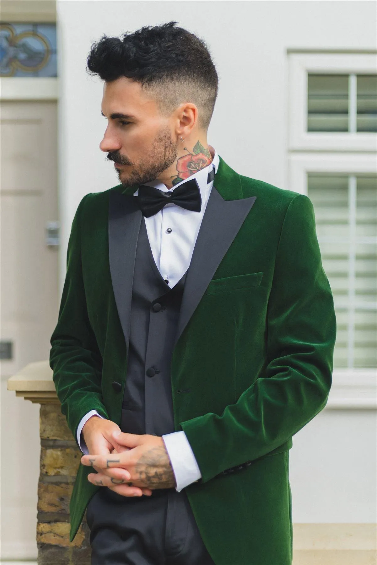 Mens Green Velvet Tuxedo Blazer Satin Peak Lapels Dinner Jacket Wedding Prom Black Tie