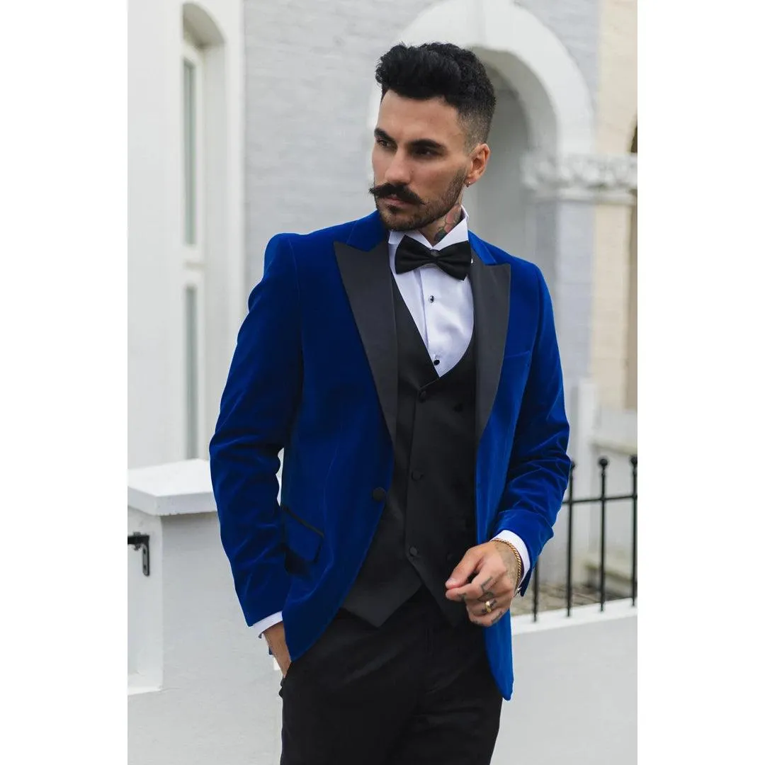 Mens Royal Blue Velvet Tuxedo Blazer Satin Peak Lapels Dinner Jacket Wedding Prom Black Tie