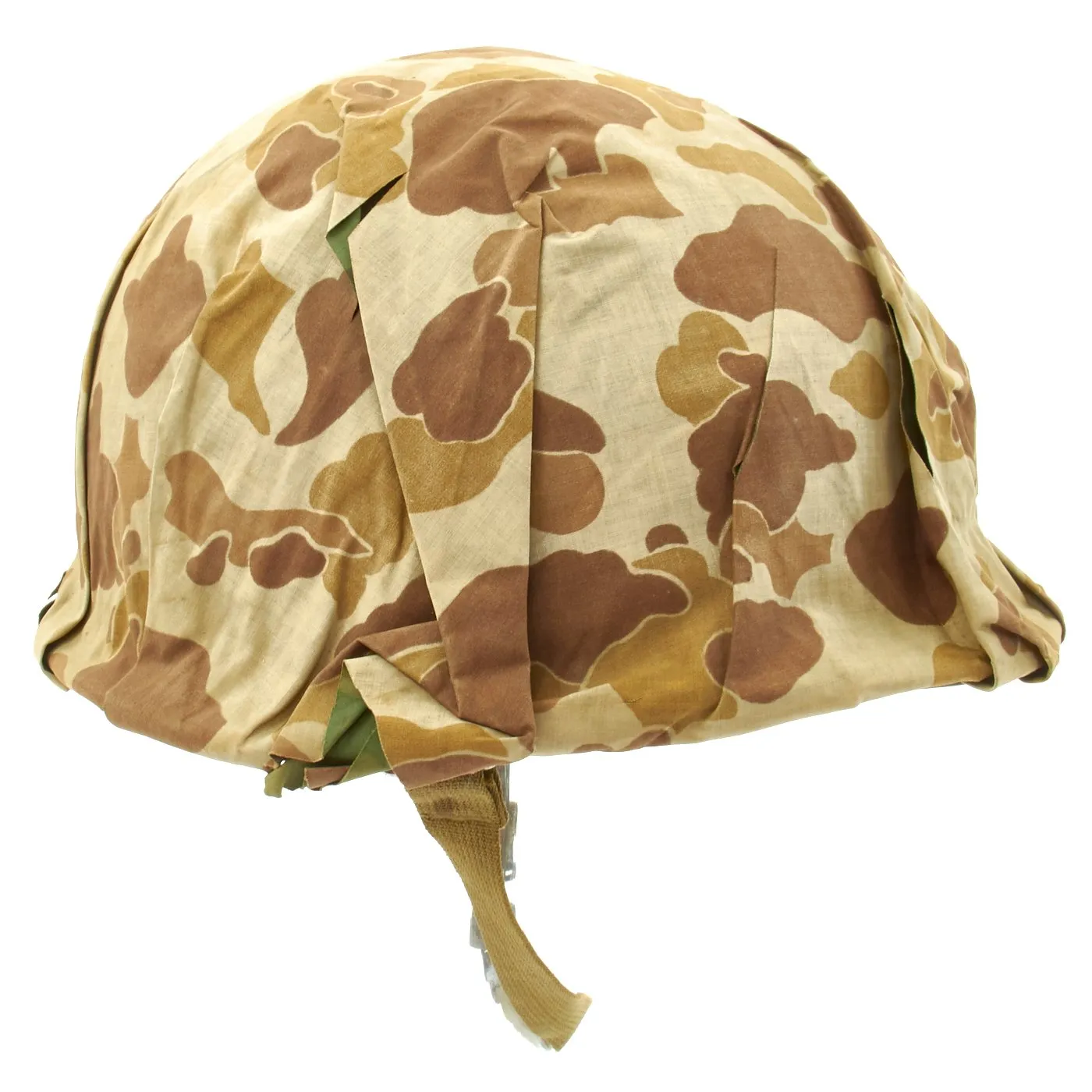 Original U.S. WWII 1943 M1 McCord Fixed Bale Helmet with USMC Camo Poncho Cover and Westinghouse Liner