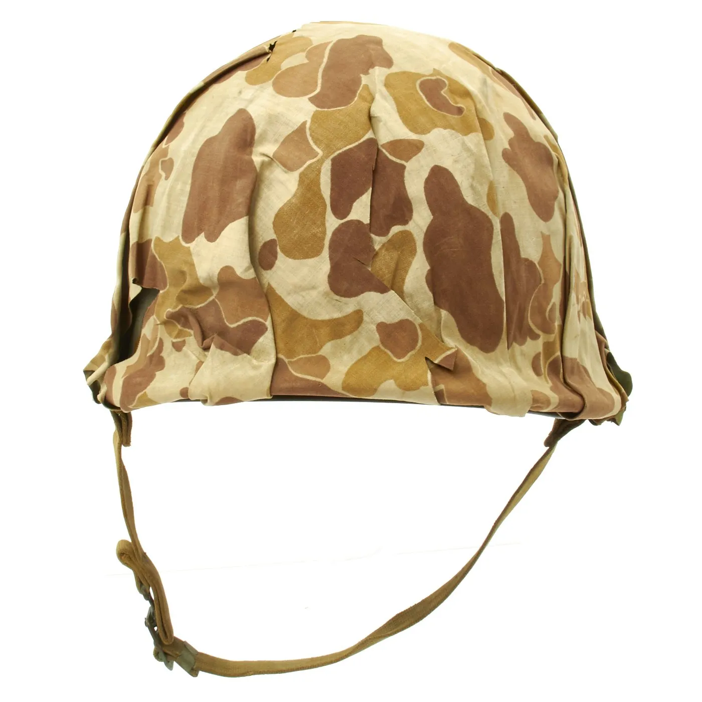 Original U.S. WWII 1943 M1 McCord Fixed Bale Helmet with USMC Camo Poncho Cover and Westinghouse Liner