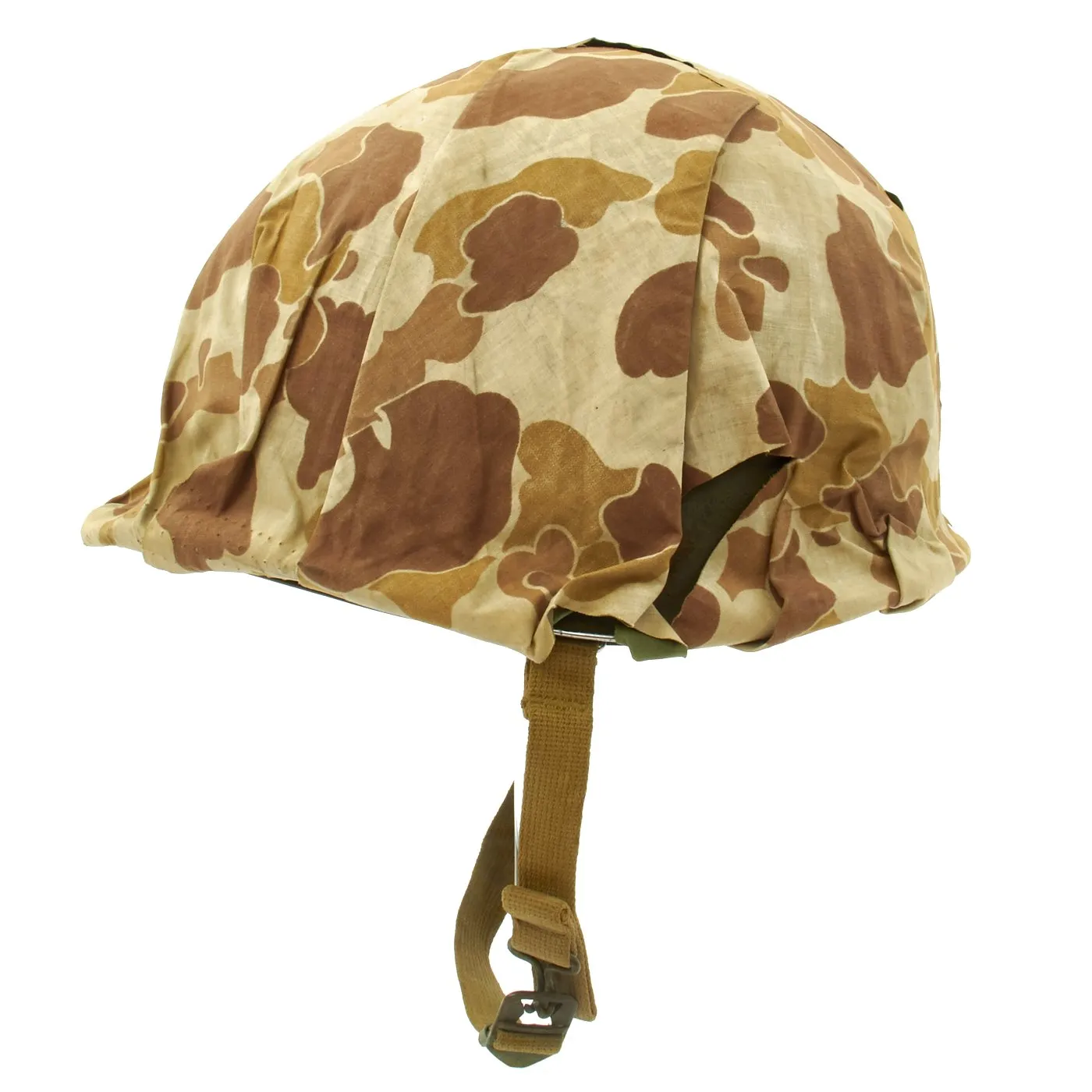 Original U.S. WWII 1943 M1 McCord Fixed Bale Helmet with USMC Camo Poncho Cover and Westinghouse Liner