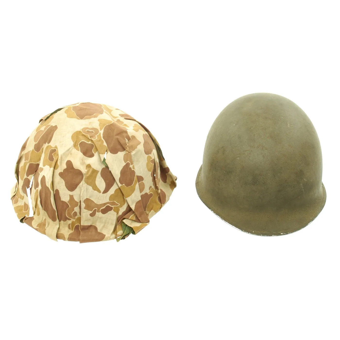 Original U.S. WWII 1943 M1 McCord Fixed Bale Helmet with USMC Camo Poncho Cover and Westinghouse Liner